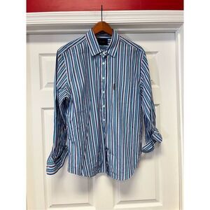 Faconnable Blue Multi Stripe Cotton Button Down Shirt sz 14 EUC